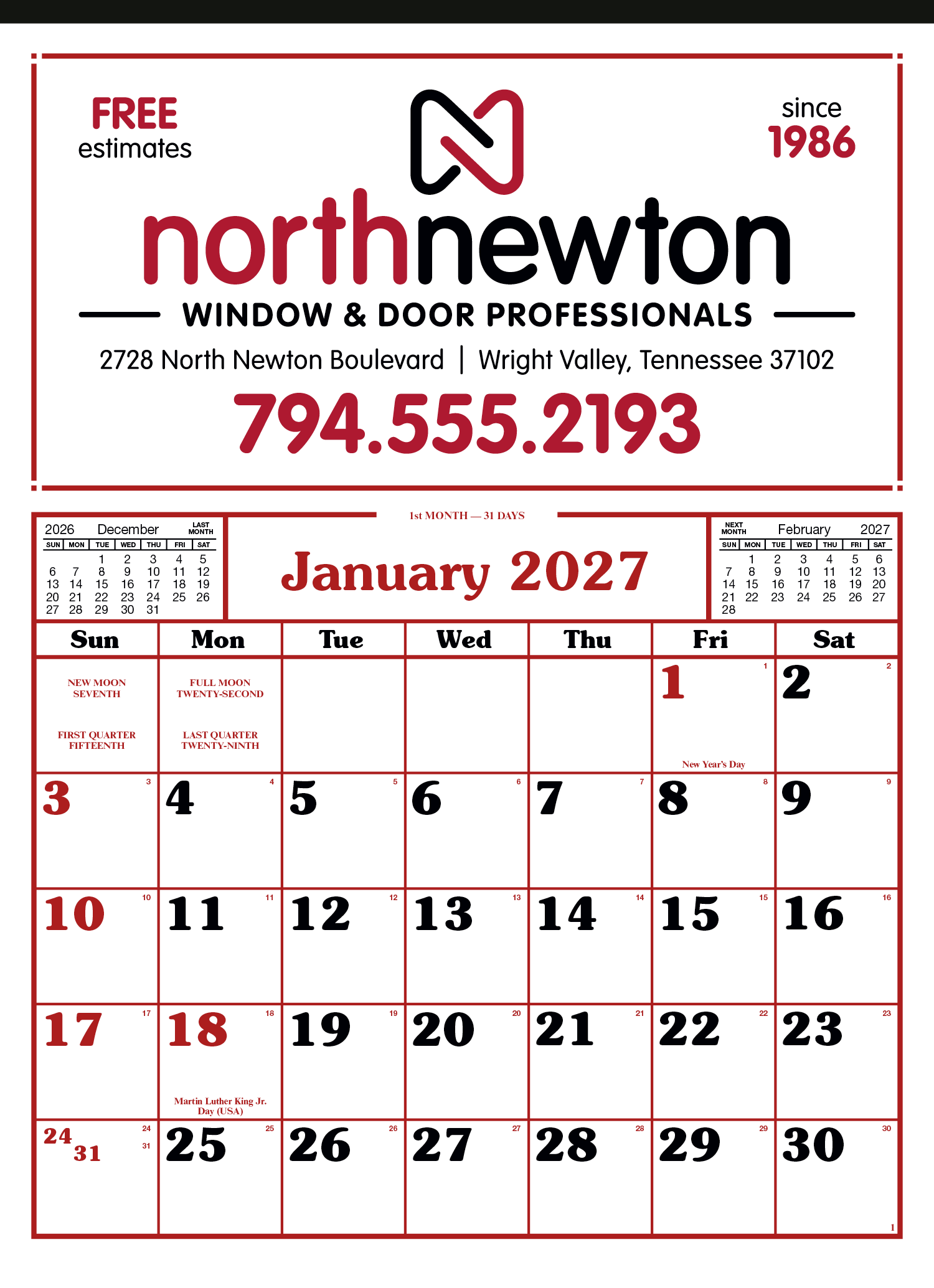 S&K Commercial 12 Sheet Calendar - Bold Numbers with Room to Write - Image 2