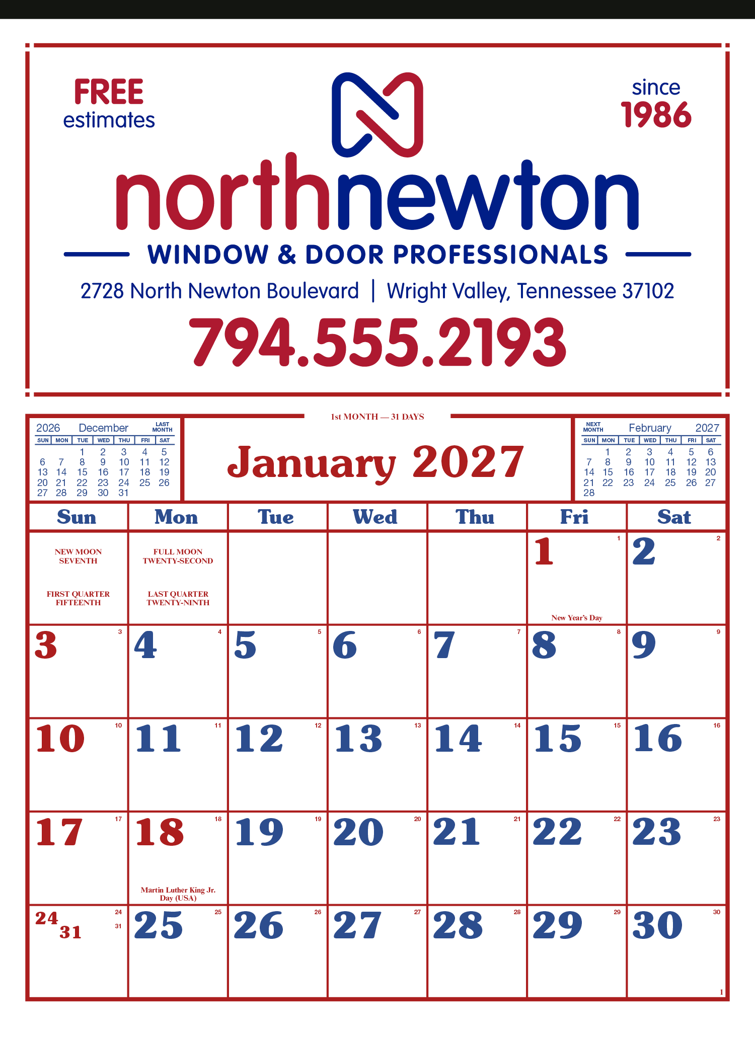 S&K Commercial 12 Sheet Calendar - Bold Numbers with Room to Write