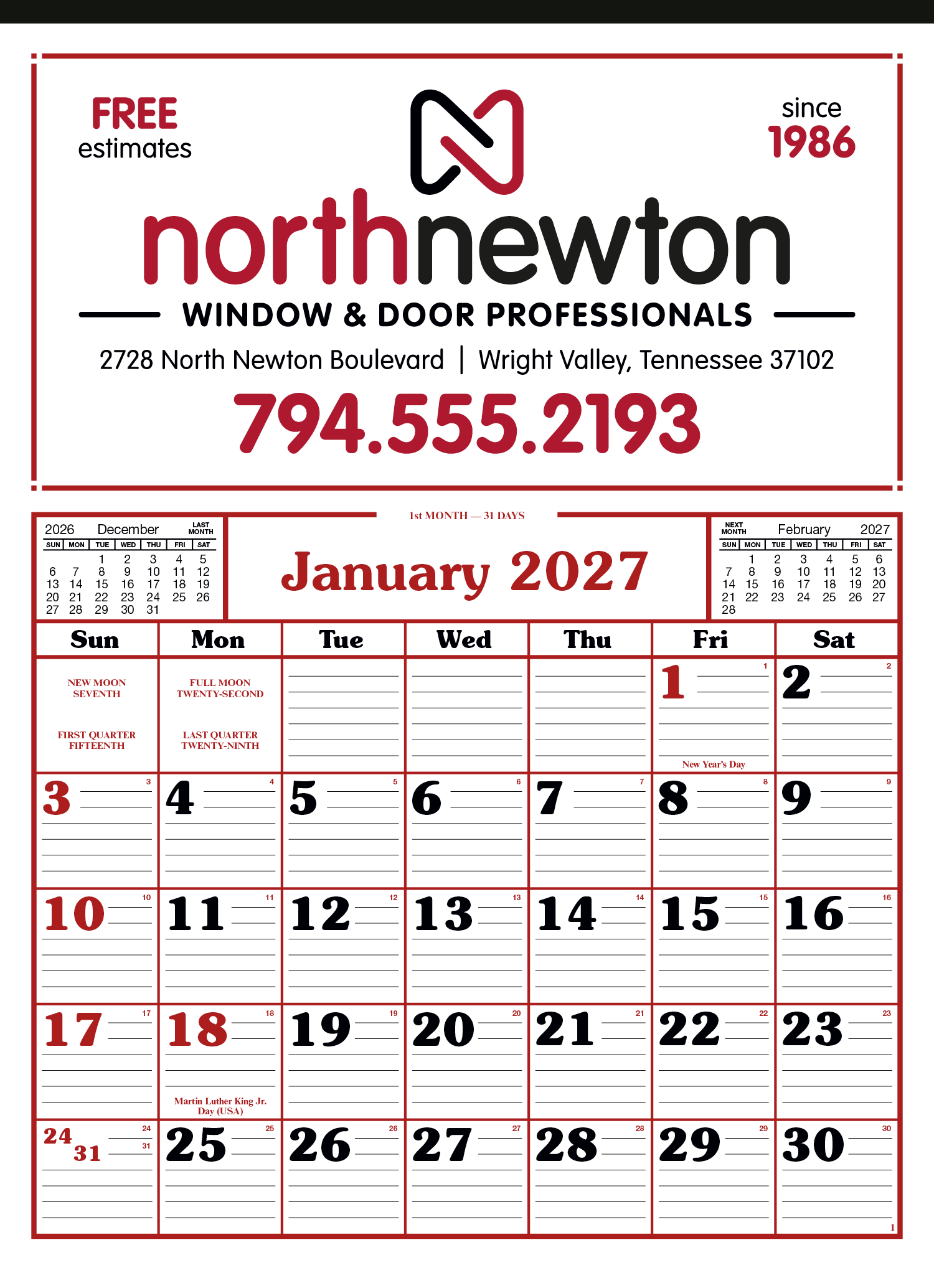 S&K Commercial 12 Sheet Calendar - Bold Numbers with Room to Write and Ruled Lines - Image 2