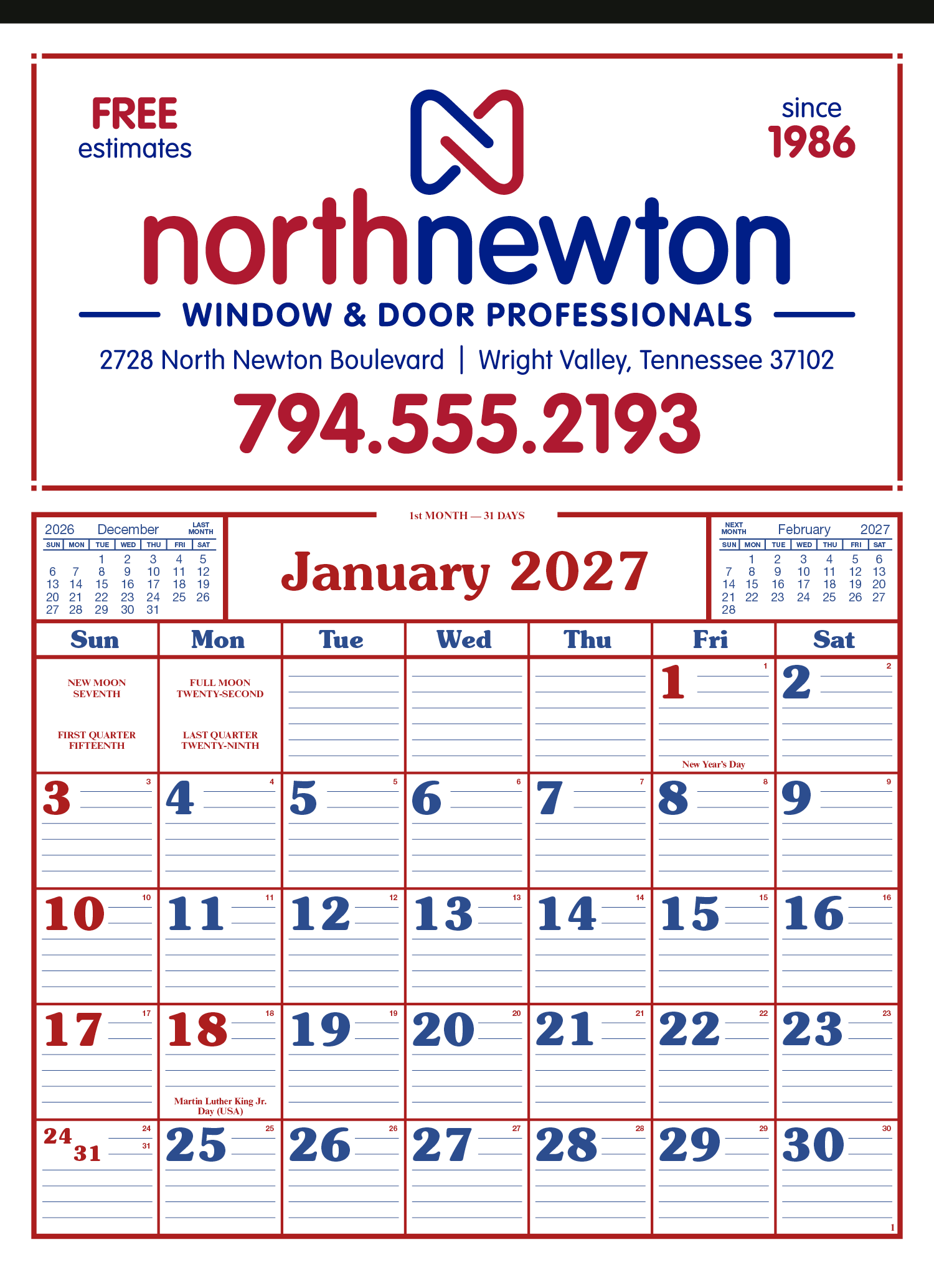 S&K Commercial 12 Sheet Calendar - Bold Numbers with Room to Write and Ruled Lines