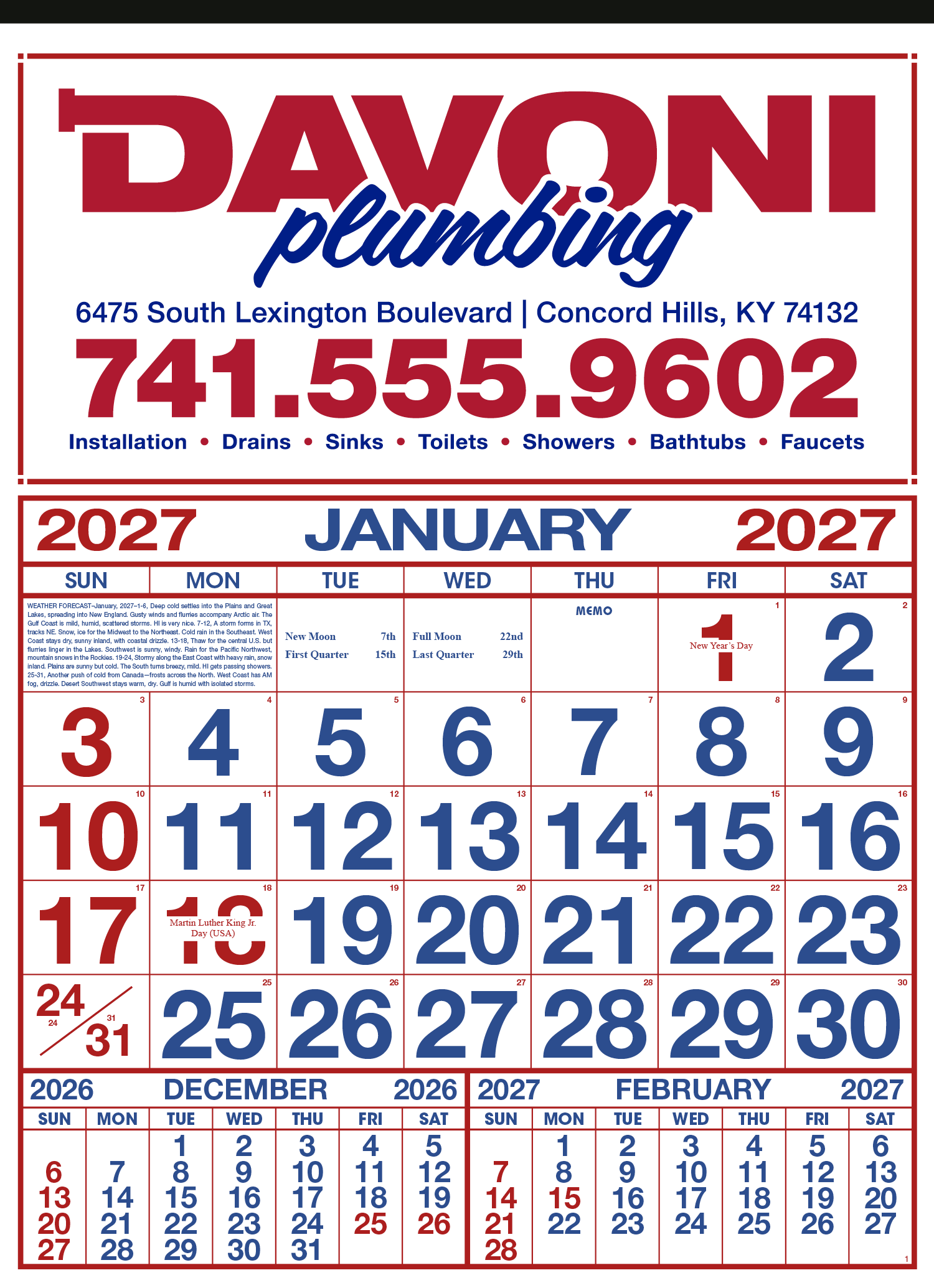 S&K Commercial 12 Sheet Calendar - Bold Numbers with 3 Month Display