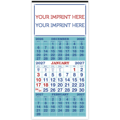 S&K 3-Month Display 12-Sheet Calendar (Red, Blue & Powder Blue)