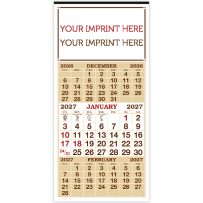 S&K 3-Month Display 12-Sheet Calendar (Red, Brown & Beige)
